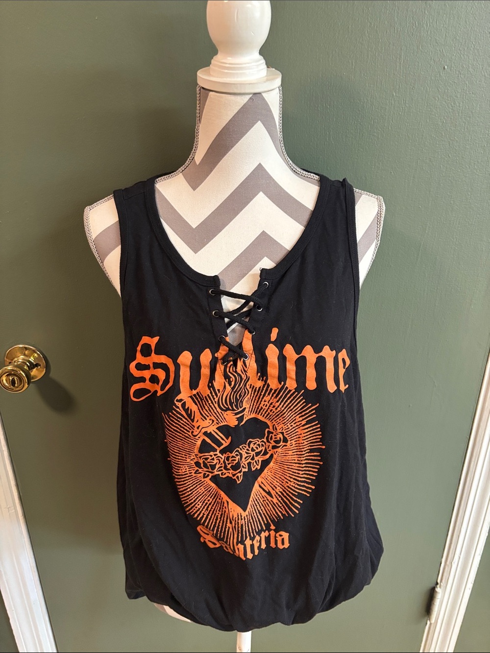 Black Lace-Up Tank Top with Orange Band Graphic
